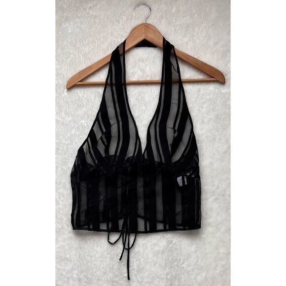 NWOT Zara Black Striped Organza Translucent V-Neck Halter Top, Size Medium - Picture 7 of 15
